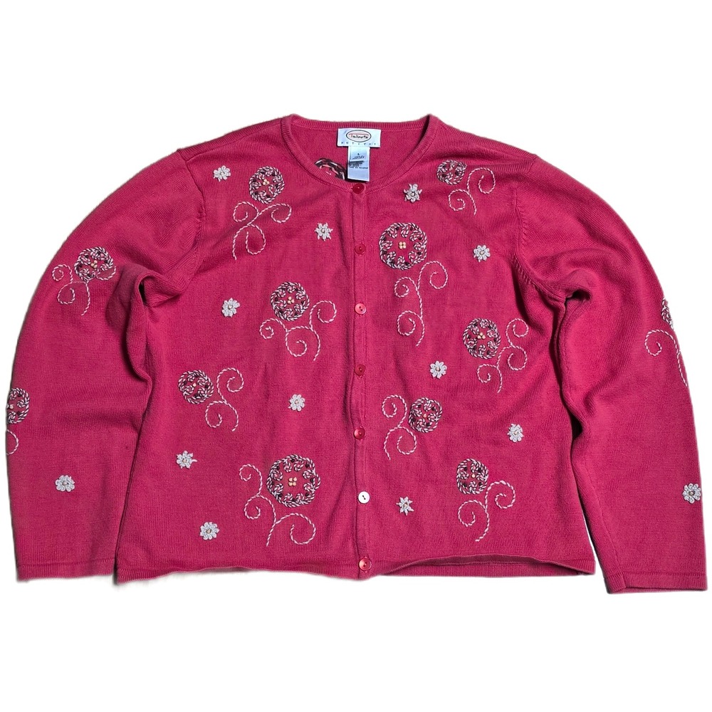 Vintage Talbots Embroidered Cardigan Sweater Women's Size L Red Floral Buttons